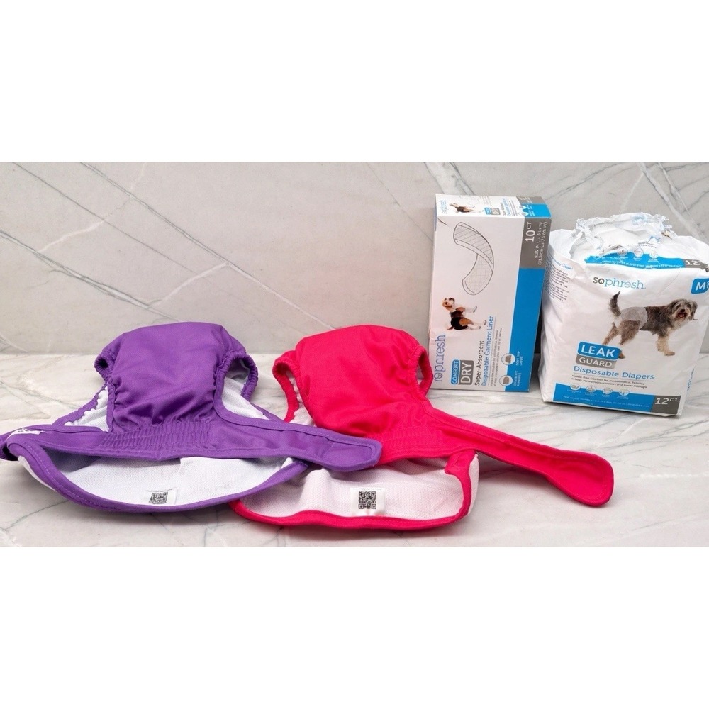 Pet Parents Reusable Dog Diapers (2)+ Sophresh Disposable Diapers And Liners Lot